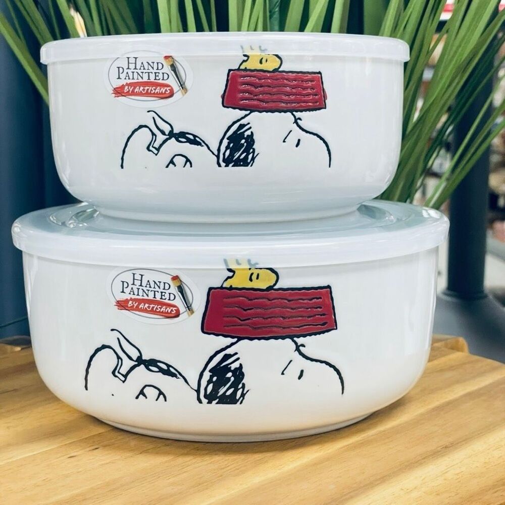 NWT Peanuts Snoopy Woodstock White Red Ceramic 2 Pc Food containers w/ Lids Set - Picture 4 of 16